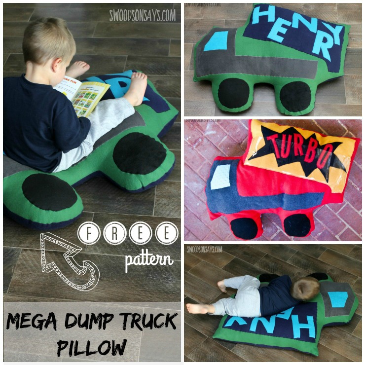 Free mega dump truck pillow sewing pattern! Grab some cheap fleece and sew up a comfy spot for kids to curl up and read. Perfect gift to sew for boys and girls, and to use up all your fabric scraps as stuffing! Swoodsonsays.com