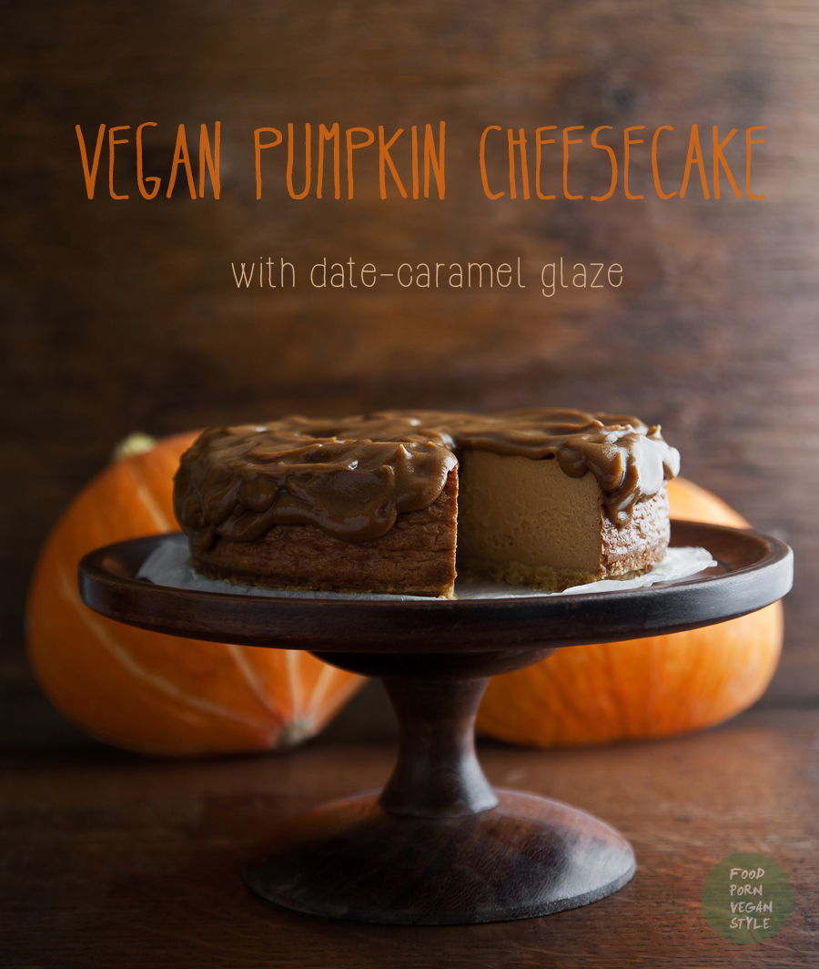 Vegan pumpkin cheesecake with caramel glaze