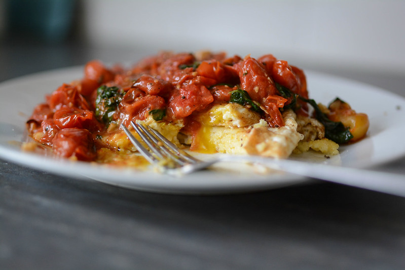 Pan-fried Polenta with runny eggs and tomato jam.