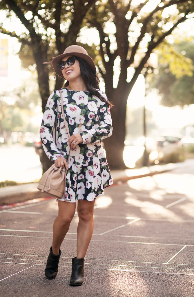 cute & little blog | petite fashion | green floral fall dress, ankle boots, bucket bag, floppy felt hat | fall outfit