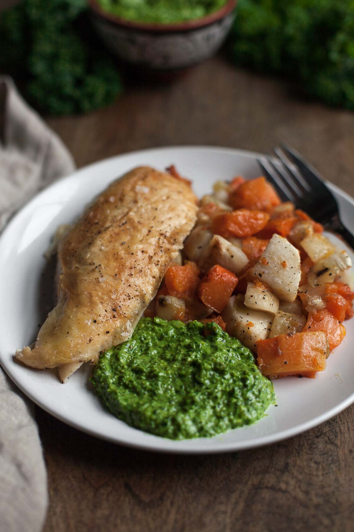 Chicken, pesto, and roasted vegetables
