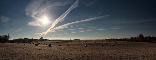 bales cirrus clouds countryroad farm field hay morningmarkheine pano panorama panoramic sky sun sunrise vapourtrails centrewellington ontario canada ca
