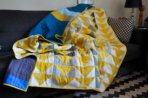 Yellow and Grey Flying Geese Quilt Done!