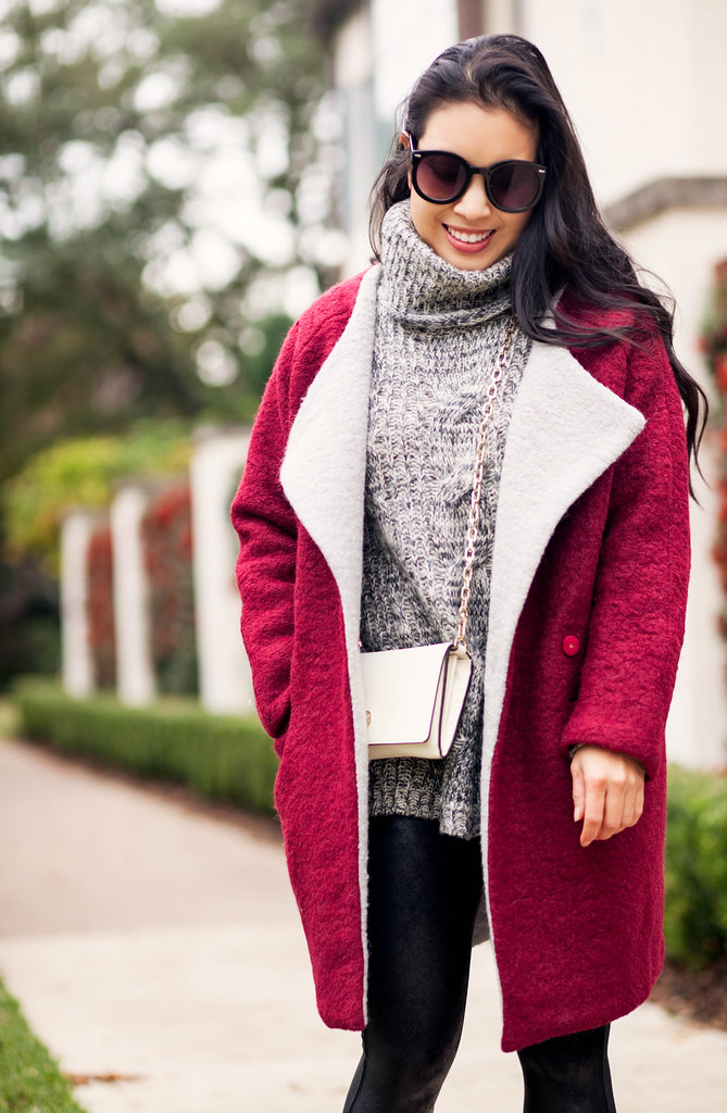 cute & little blog | petite fashion | red burgundy cocoon coat, gray turtleneck, spanx leather leggings, floral pumps, tory burch wallet on chain crossbody | winter outfit