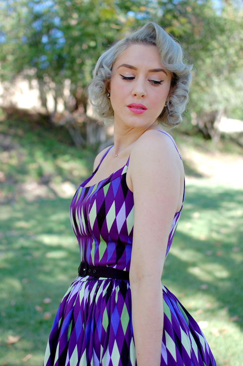 Pinup Girl Clothing Jenny dress in Purple Harlequin print