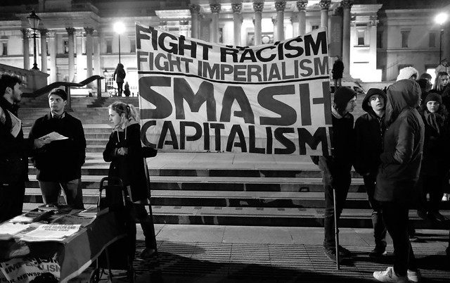 Fight Racism Fight Imperialism - Anti-Trump protesters start to gather in London's Trafalgar Square.