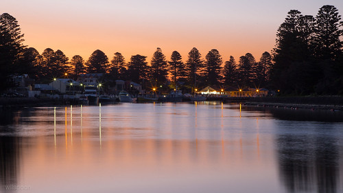 trees sunset reflections river boats au australia victoria portfairy