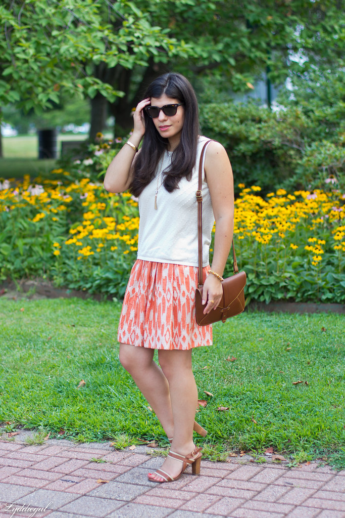 orange ikat skirt, beaded silk shell, brown sandals-4.jpg