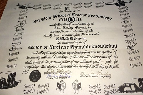 Wade Dickinson certificate Oak Ridge School of Reactor Technology 1951