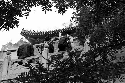 canon eos 100d 50mm street urban city outside outdoor people bw bnw black white blackwhite blackandwhite monochrome asia asian china chinese jinan temple buddha religion religious buddhism buddhist old ancien traditional history historical tradition jinanshi shandongsheng chine cn specific angle view window aperture tree group friends together rest men young back backside backpack roof pavillon vegetation incense sticks bottle tired relax quite frame
