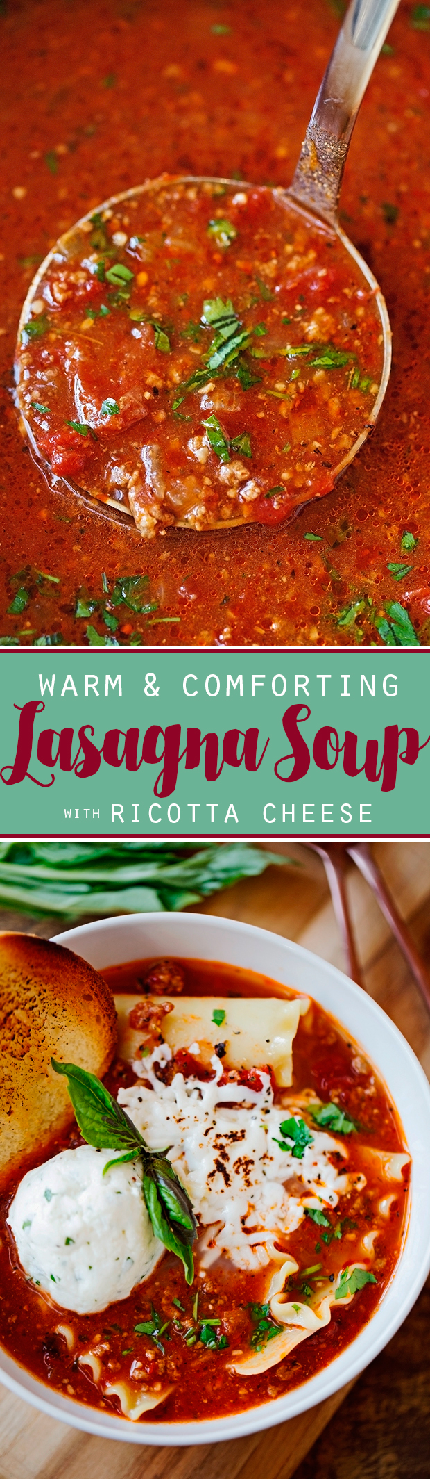 Warm & Comforting Lasagna Soup - all your favorite layers of lasagna stuffed into an easy to make soup recipe! #lasagna #lasagnasoup #soup | Littlespicejar.com