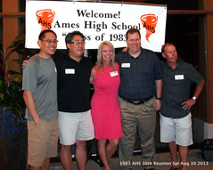 1983 Ames High School AHS Class of 83 30-year reunion Reiman Gardens Sat evening in front of Welcome! Ames High School Class of 1983 banner Michael Hsu 2nd from left 2013-08-10