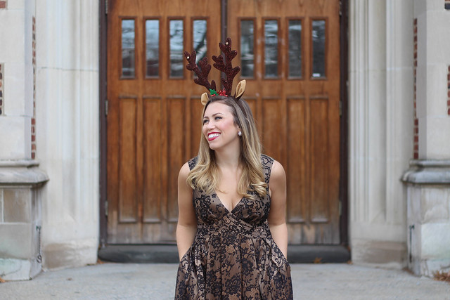 Black & Gold Lace Holiday Dress | Reindeer Ears | Christmas Presents