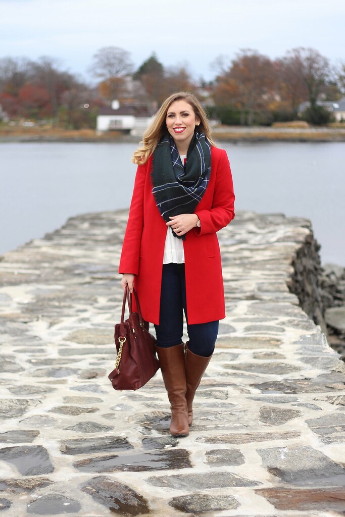 Red Coat | Plaid Blanket Scarf | Wide Calf Boots | Casual Holiday Outfit