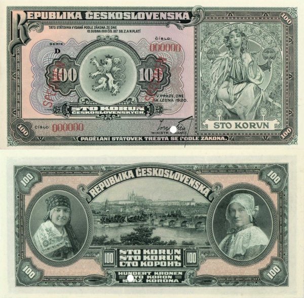 100 korún Československo 1920 N17a anulát