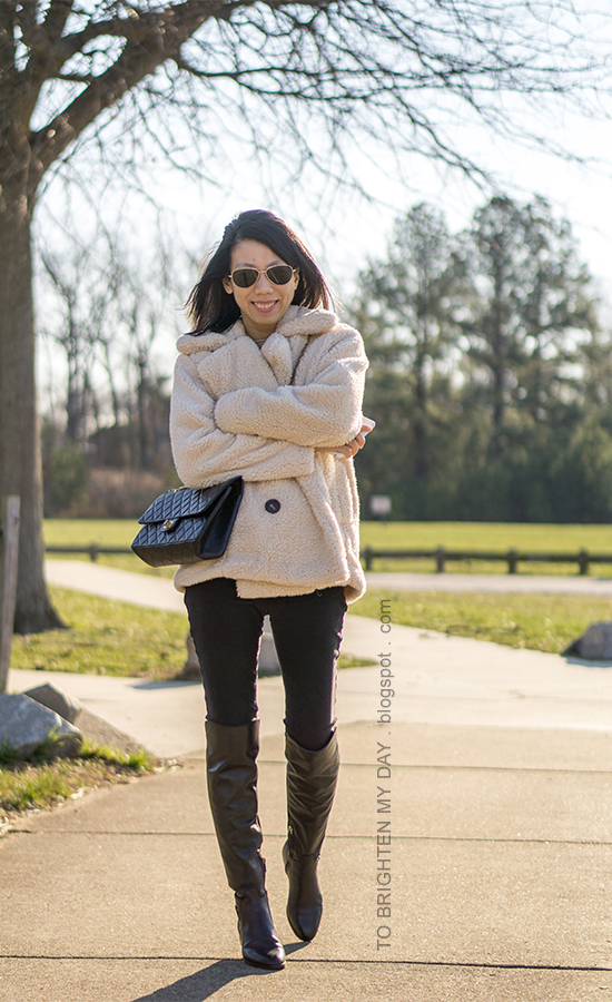 teddy sherpa coat, black crossbody bag, black skinny jeans, over the knee leather boots