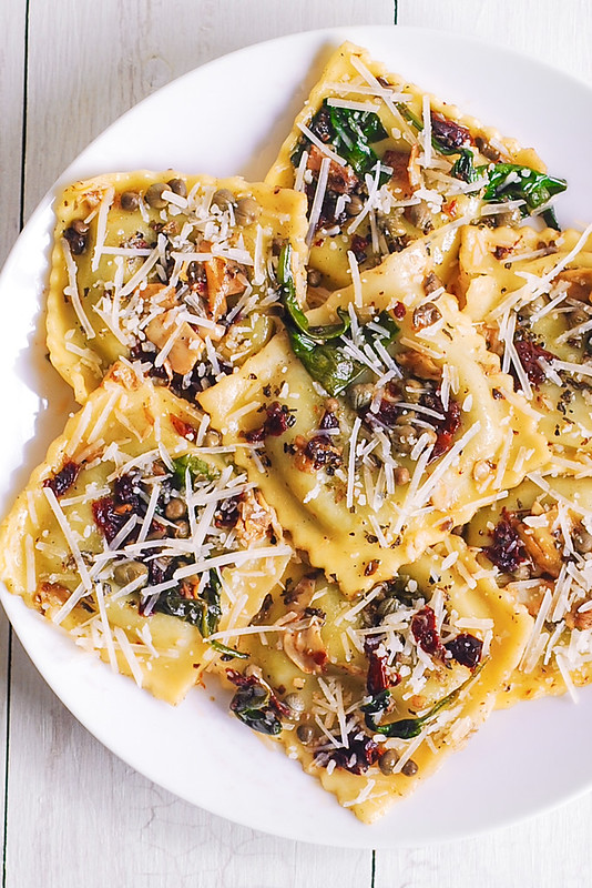 Ravioli with Spinach, Artichokes, Capers, Sun-Dried Tomatoes