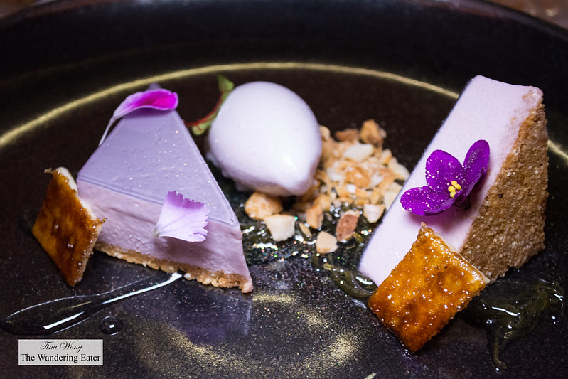 The Maria - violet cheesecake, amaranth and cholate cookie base topped with lavender violet lime gelatin and violet cake and taro and white chocolate ice cream