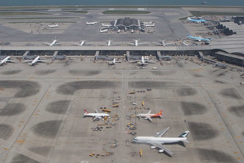 Looking down on the southern remote stands at Hong Kong International Airport