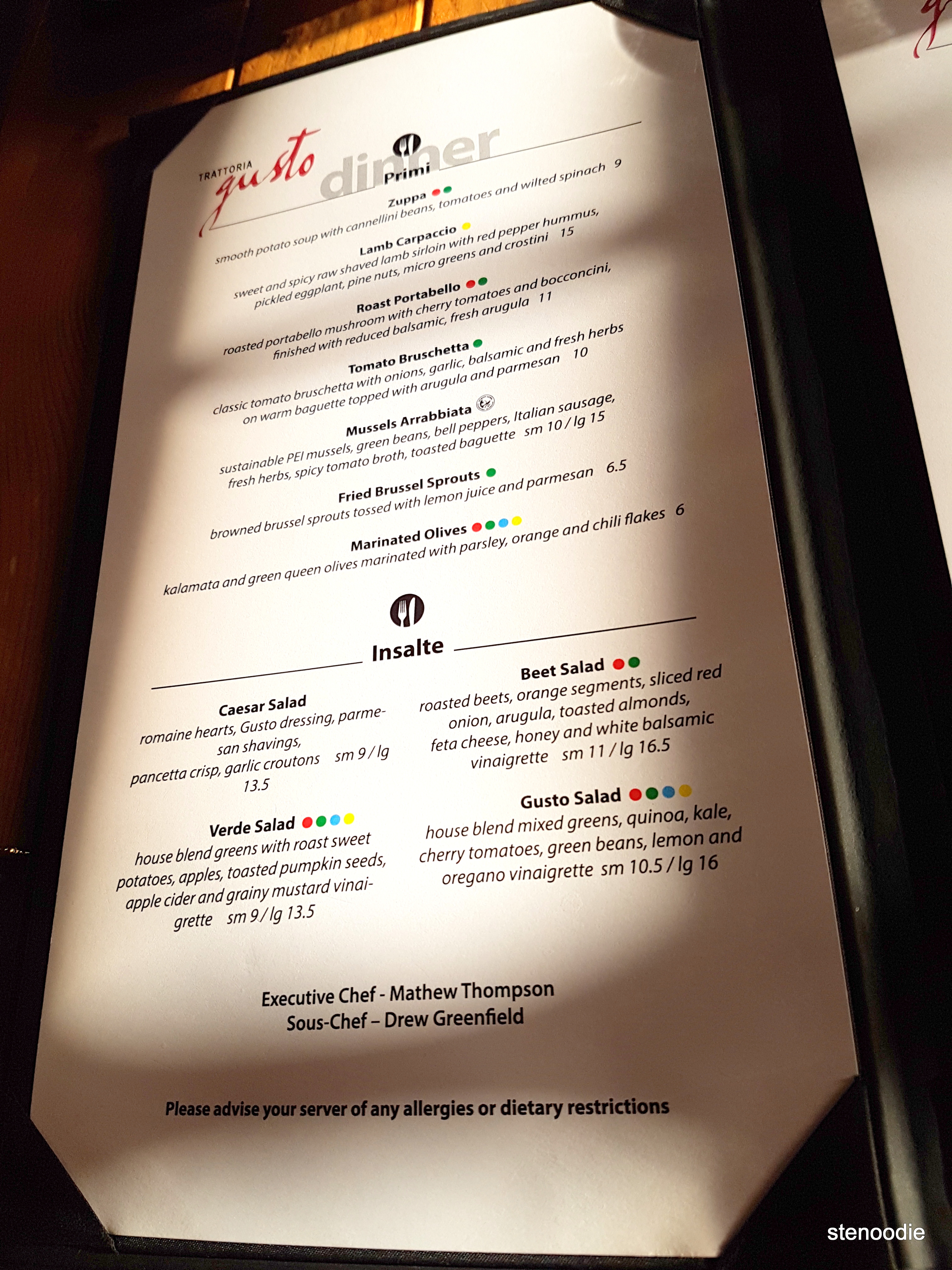 Trattoria Gusto dinner menu and prices