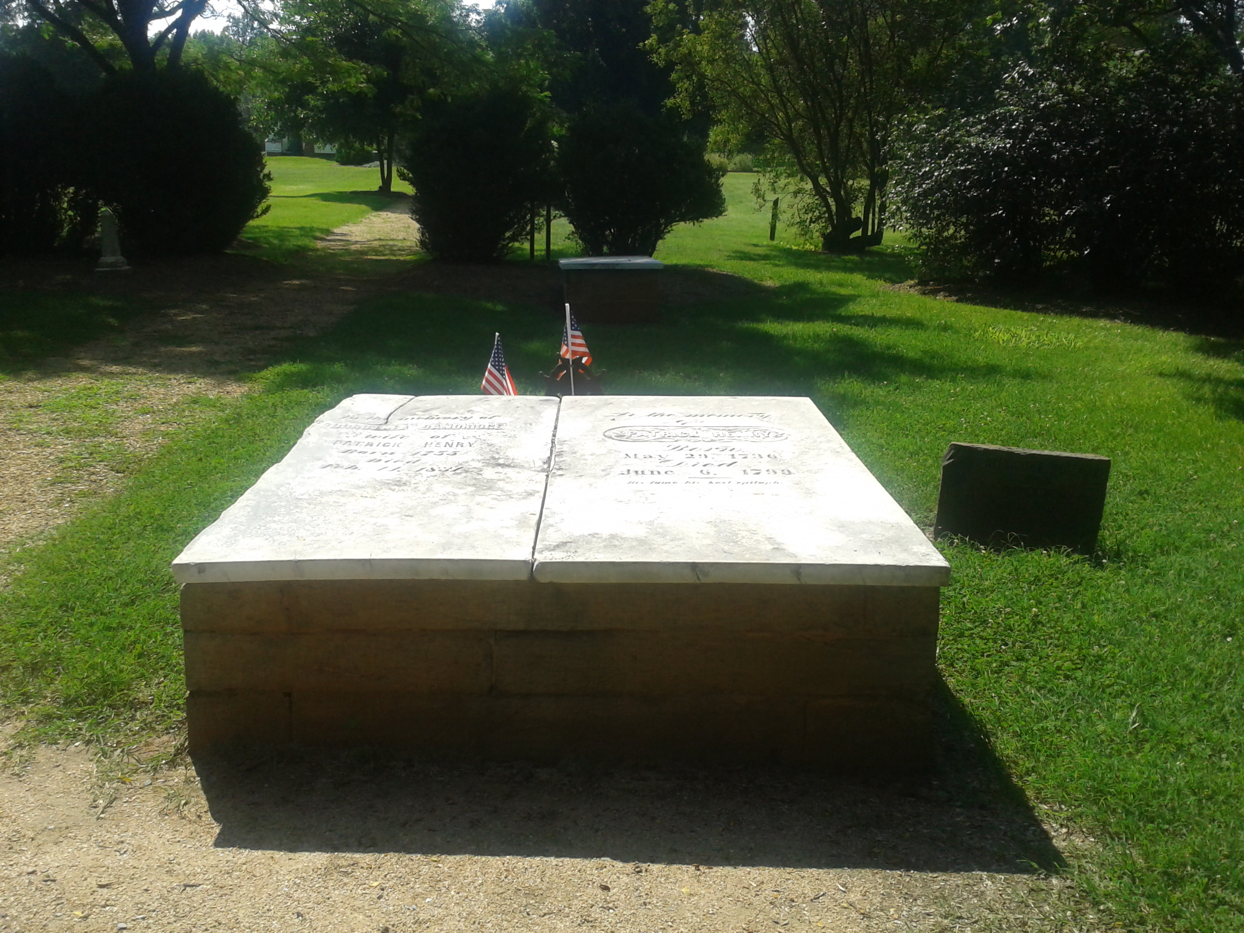 Graves of Patrick Henry and his wife Dorothea in the family burying ground at Red Hill, Patrick Henry National Memorial. Patrick's is on the right; the inscription reads, 