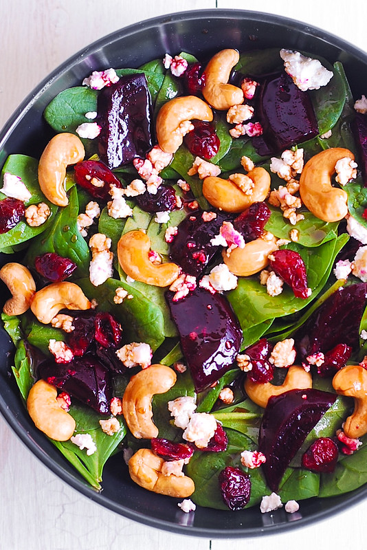 healthy spinach salad with beets, healthy beet salad with nuts