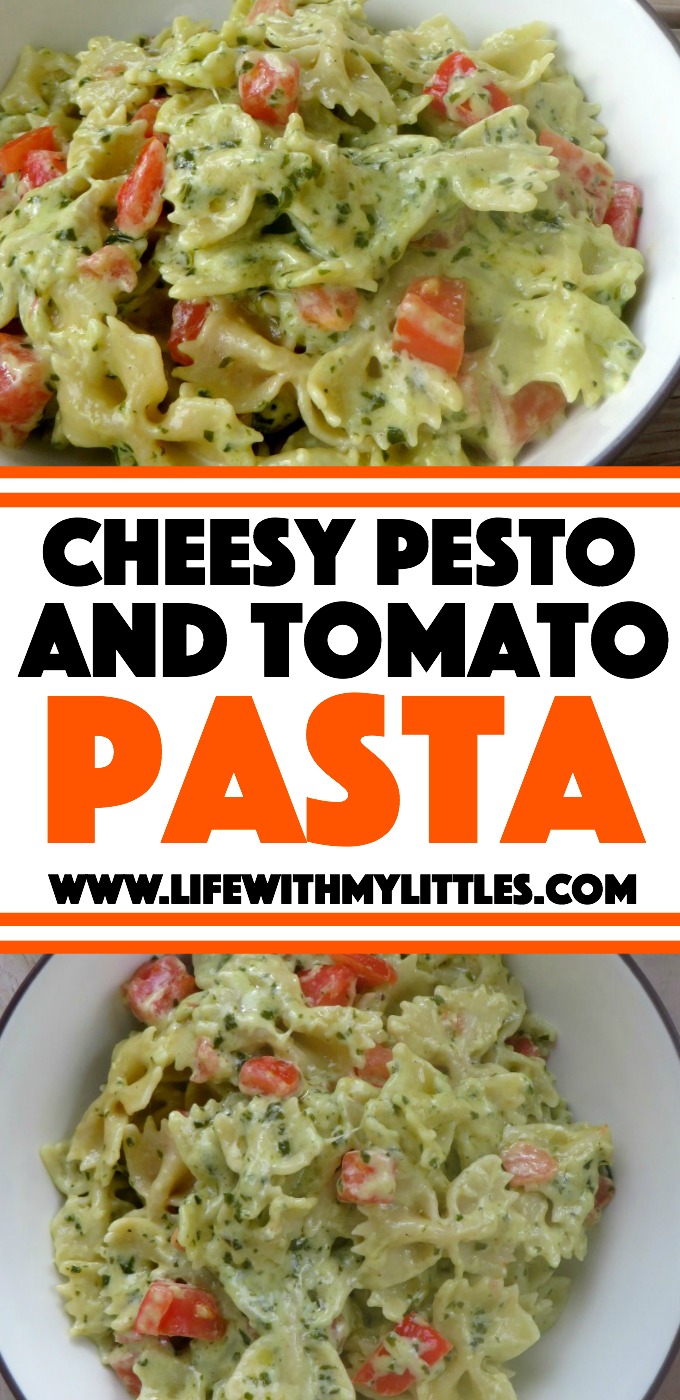 Cheesy Pesto and Tomato Pasta: A creamy, cheesy pasta made with homemade basil pesto and tossed with garden-fresh tomatoes! Perfect for a quick weeknight dinner!