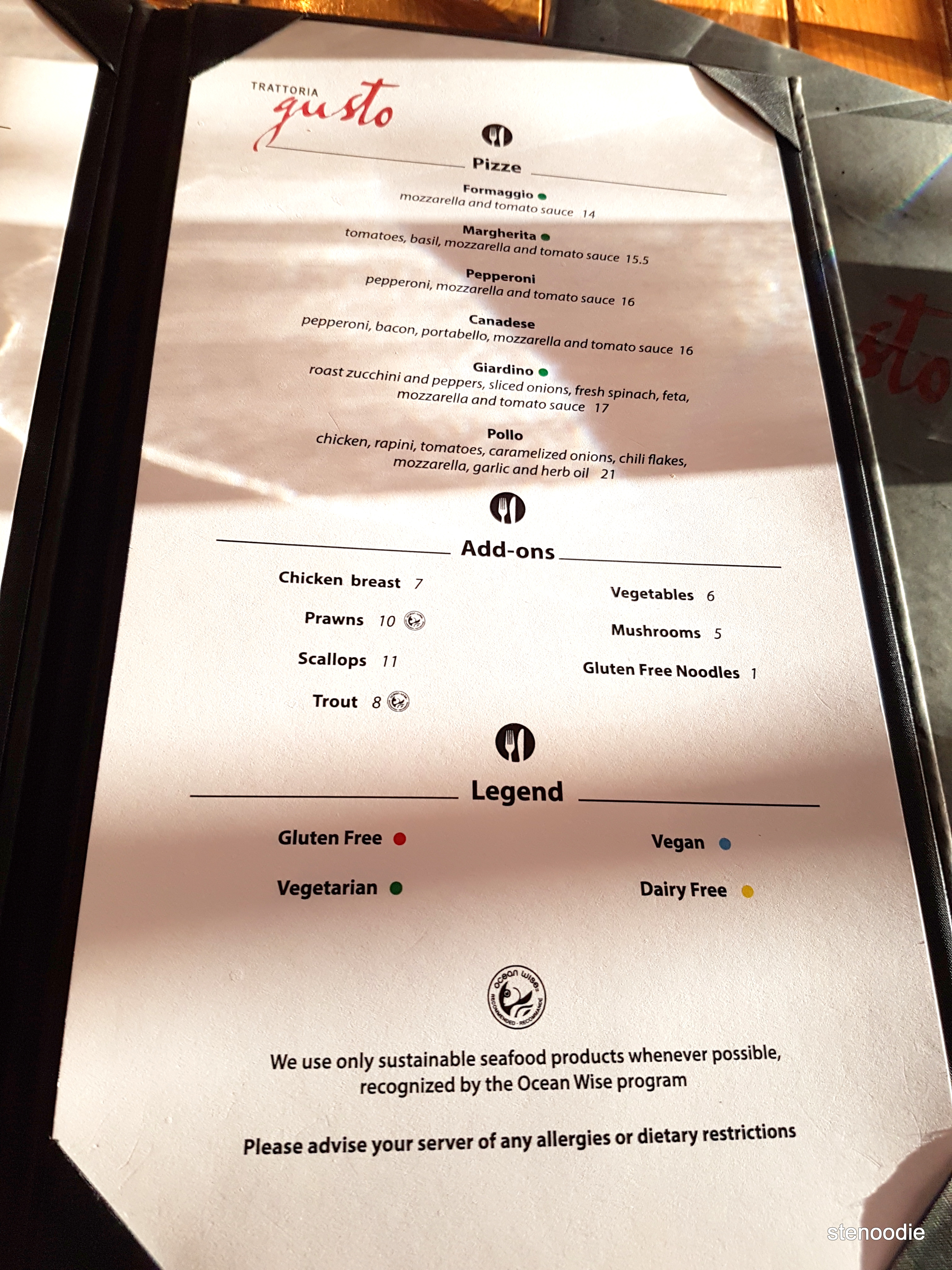 Trattoria Gusto dinner menu and prices