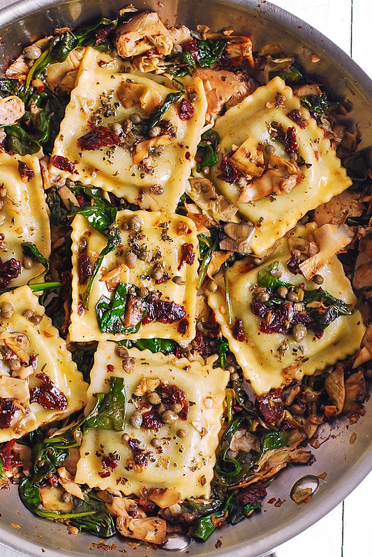 Ravioli with Spinach, Artichokes, Capers, Sun-Dried Tomatoes