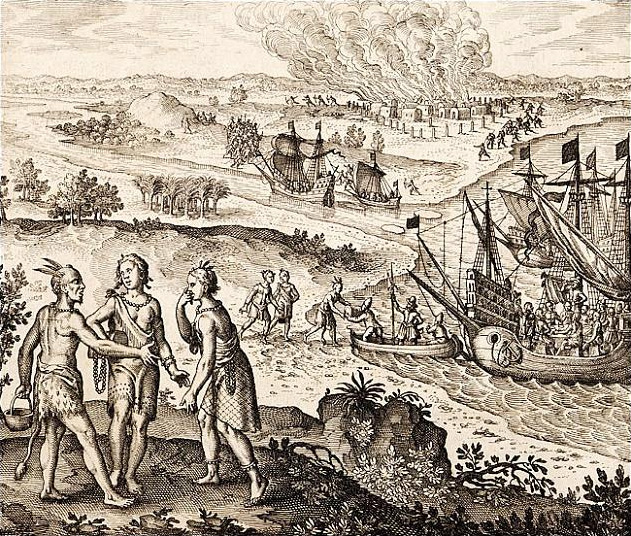 In his copper engraving The abduction of Pocahontas (1619), Johann Theodor de Bry depicts a full narrative. Starting in the lower left, Pocahontas (center) is deceived by the weroance Iopassus, who holds as bait a copper kettle, and his wife, who pretends to cry. At centre right, Pocahontas is put on the boat and feasted. In the background, the action moves from the Potomac to the York River, where negotiations for a hostage trade fail and the English attack and burn a Native American village.