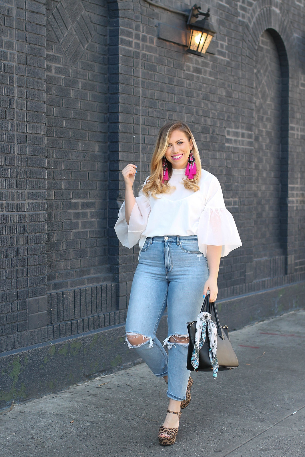 Trendy Spring Outfit Hot Pink Statement Earrings A New Day Organza Sleeve Blouse American Eagle Mom Jeans Leopard Platform Sandals Living After Midnite Fashion Style Blogger Jackie Giardina