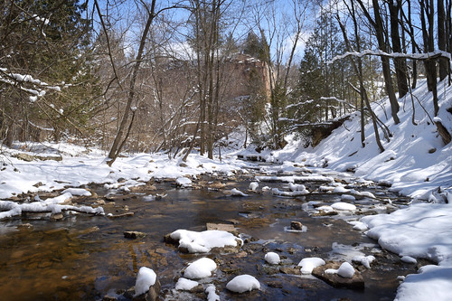 spring snow creek limestone niagra escarpment trees rocks fonferek glen wisconsin