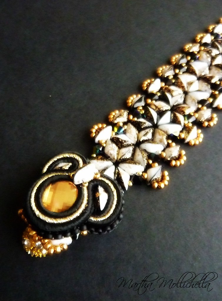 Martha Mollichella gemduo gold splash black and white beadsmith bracelet soutache