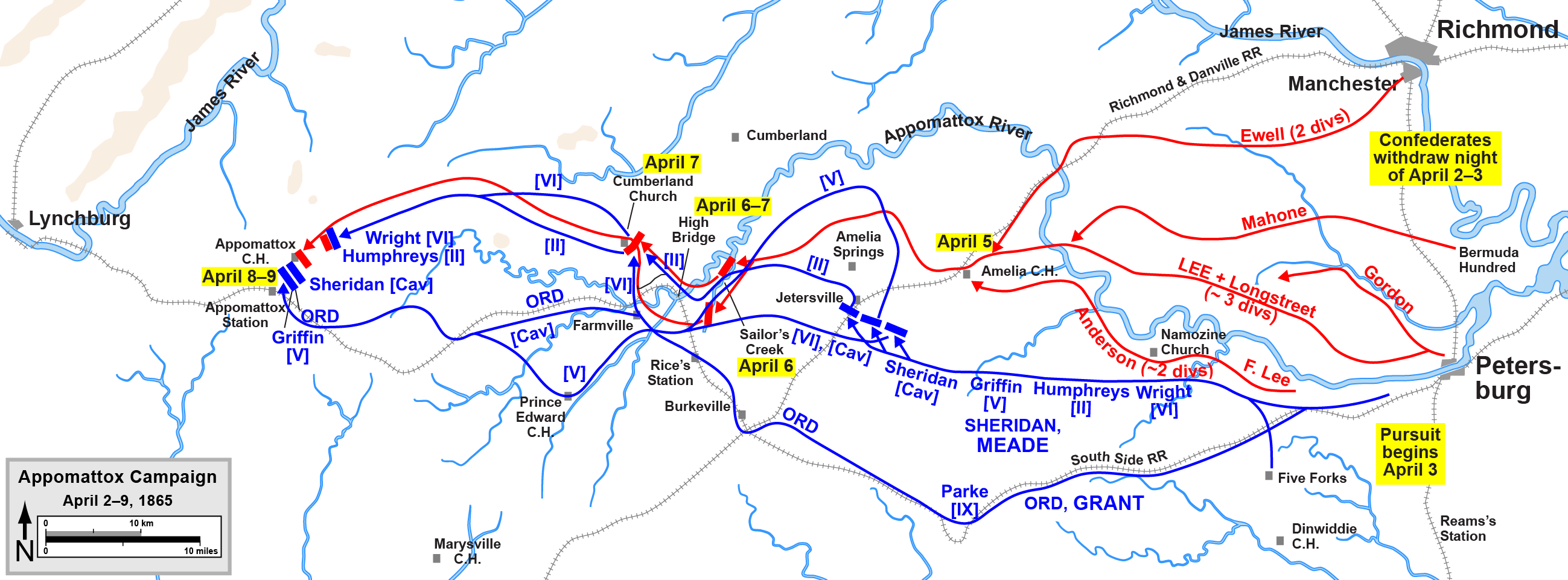 Lee's retreat and Grant's pursuit in the Appomattox Campaign, April 2–9, 1865.