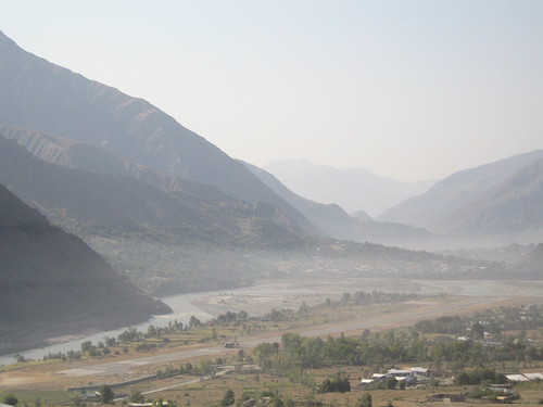 Morning view of Chitral (and its landing strip) from the Hindu Kush Heights hotel