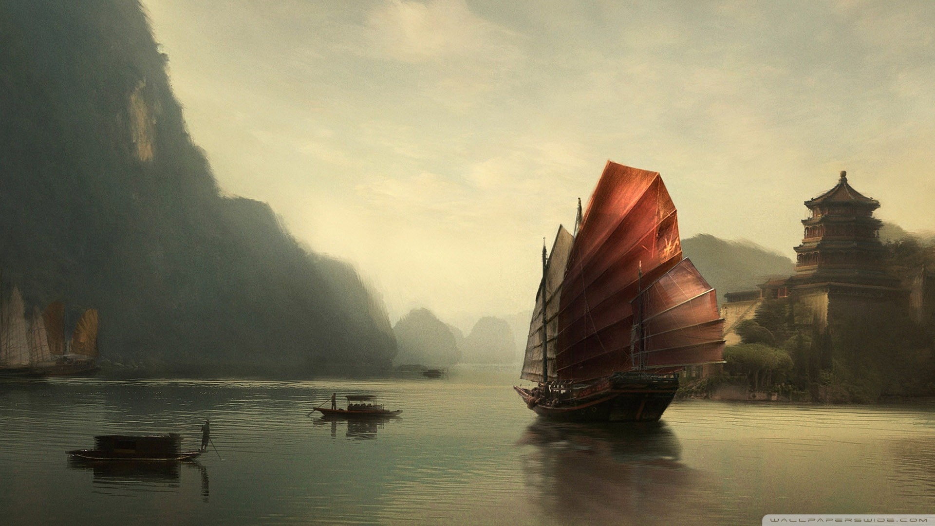 Painting of a junk in China.