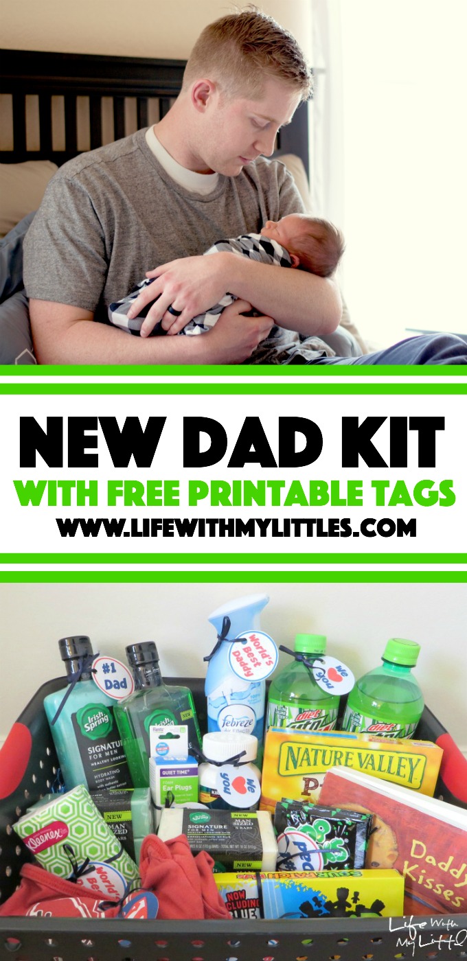New Dad Kit with free printable tags. Make Daddy feel special with these great ideas for things to put in your kit! Perfect for a baby shower!