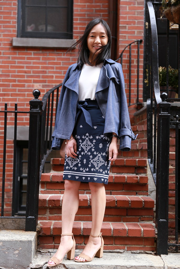 Ann Taylor Chambray Trench Coat + Floral Eyelet Pencil Skirt
