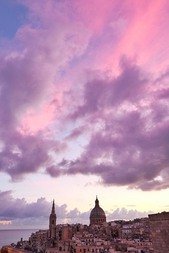 sky purple malta sunrise buildings cityscape dome pink architecture city clouds cathedral tower valletta urban church