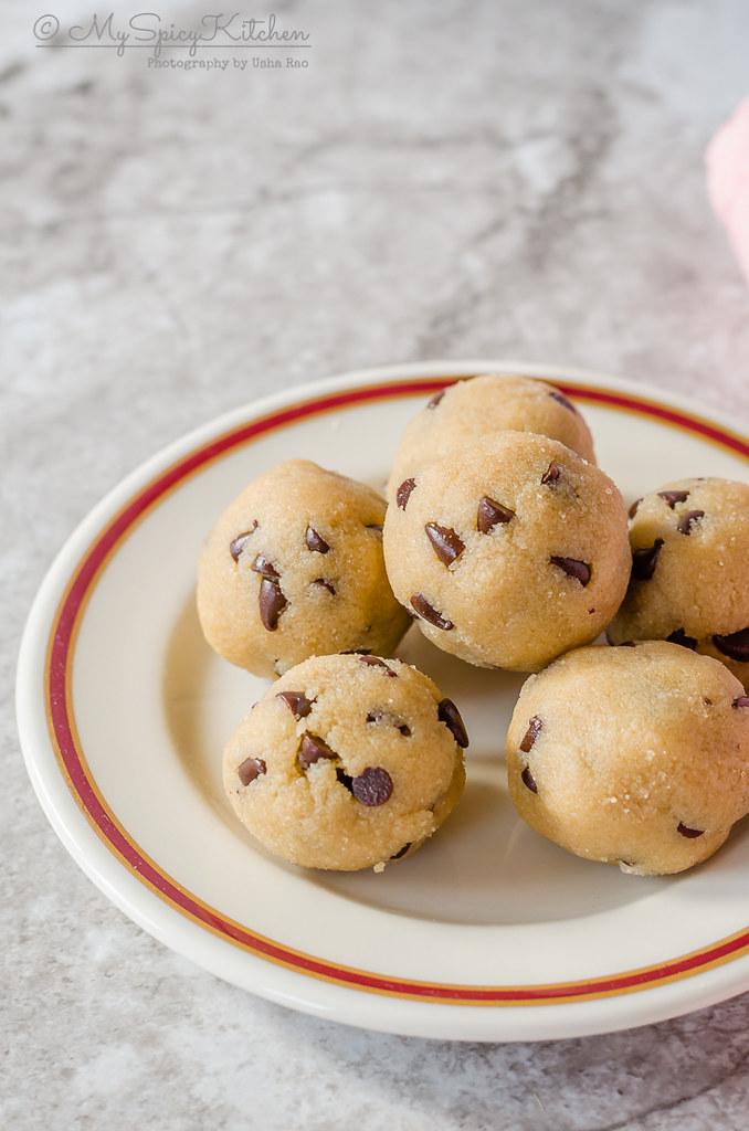 A plate of gluten free edible chocolate chip cookie dough balls
