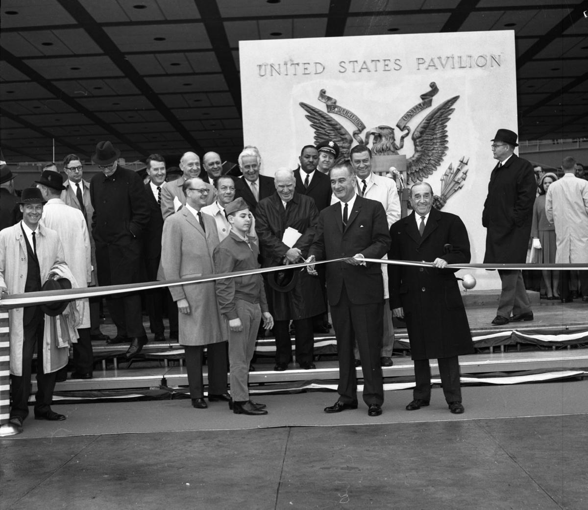 U.S. President Lyndon B. Johnson at the ribbon-cutting ceremony for the United States Pavilion in March 1964.