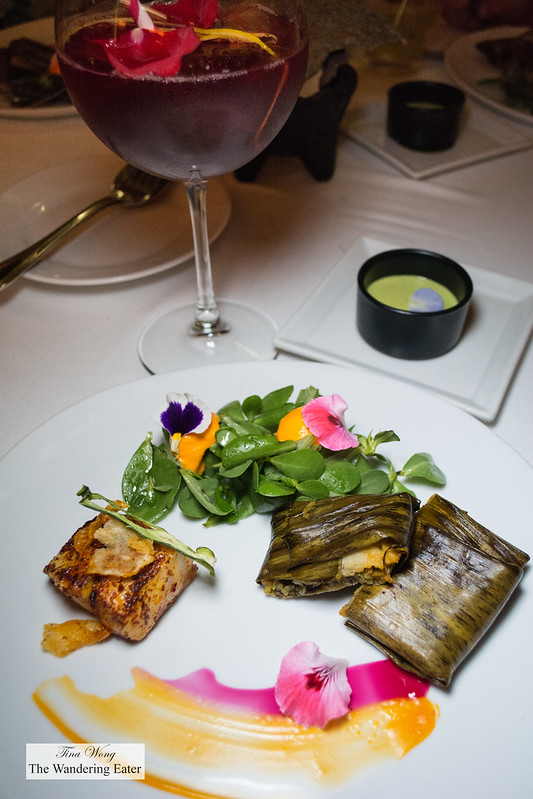 Ajochile sea bass with hoja santa tamale with fresh purslane salad