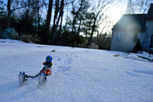 nikon d3200 adventurerjoe project365 lego huskie sled snow winter cold sunset sun outside outdoors flare house trees