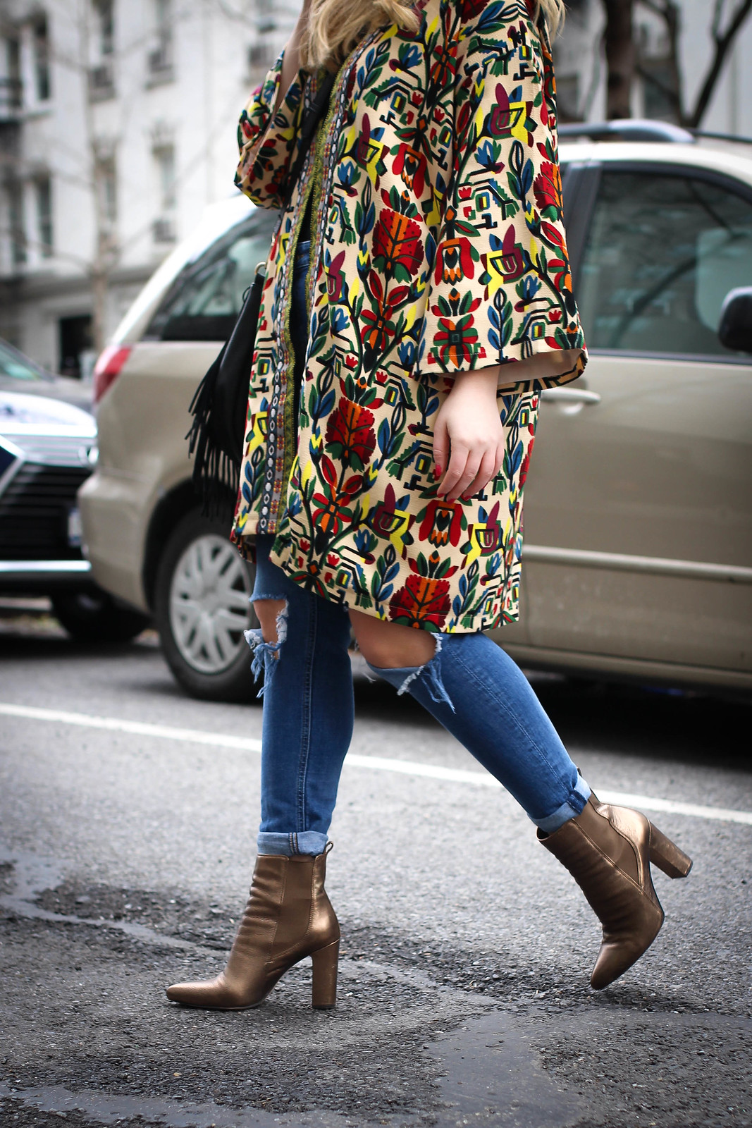 New York City Street Style Colorful Overcoat Distressed Denim Bronze Booties Spring Fashion Outfit