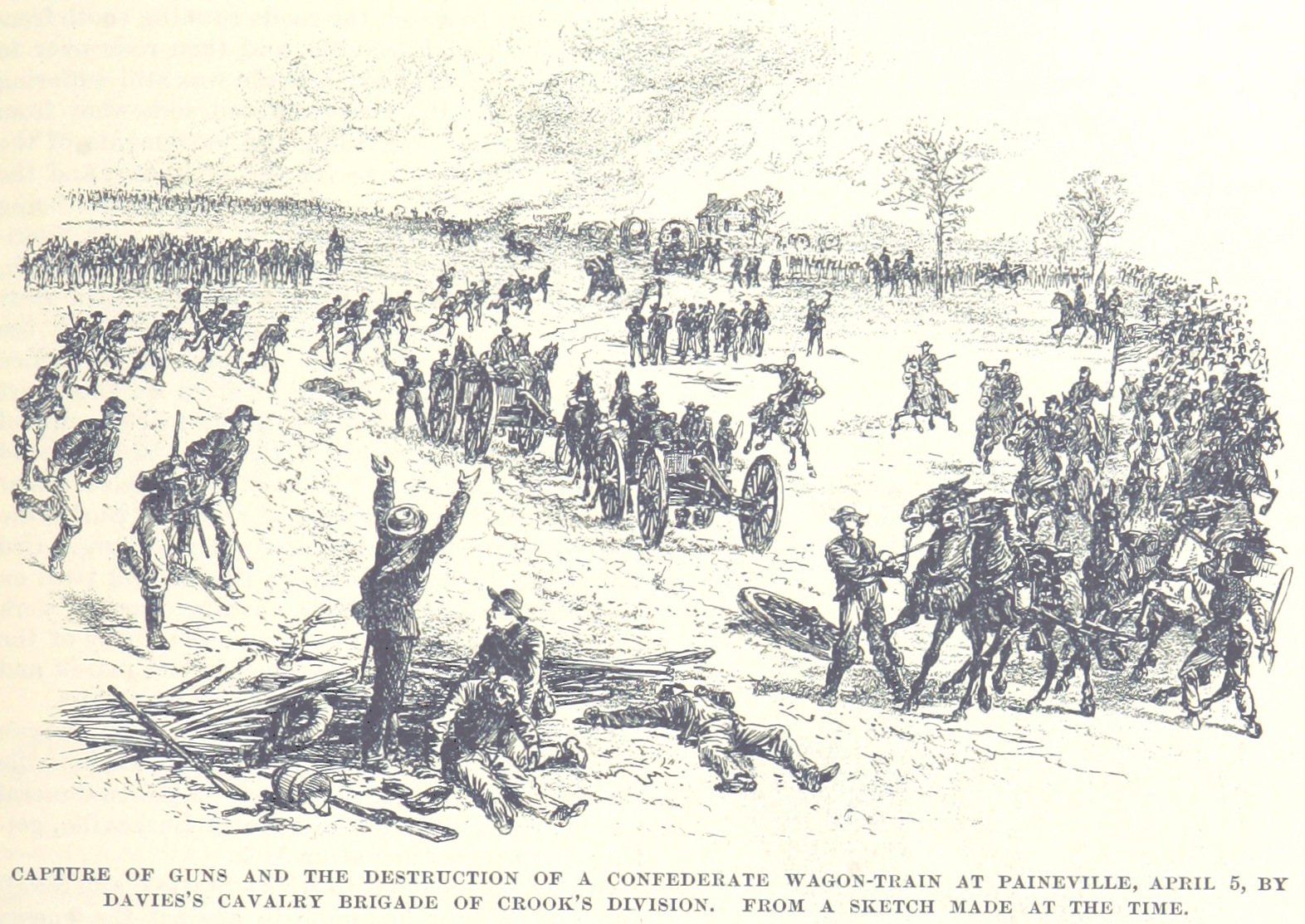 Union cavalry captures Confederate guns and burns a wagon train near Paineville, Virginia, on April 5, 1865.
