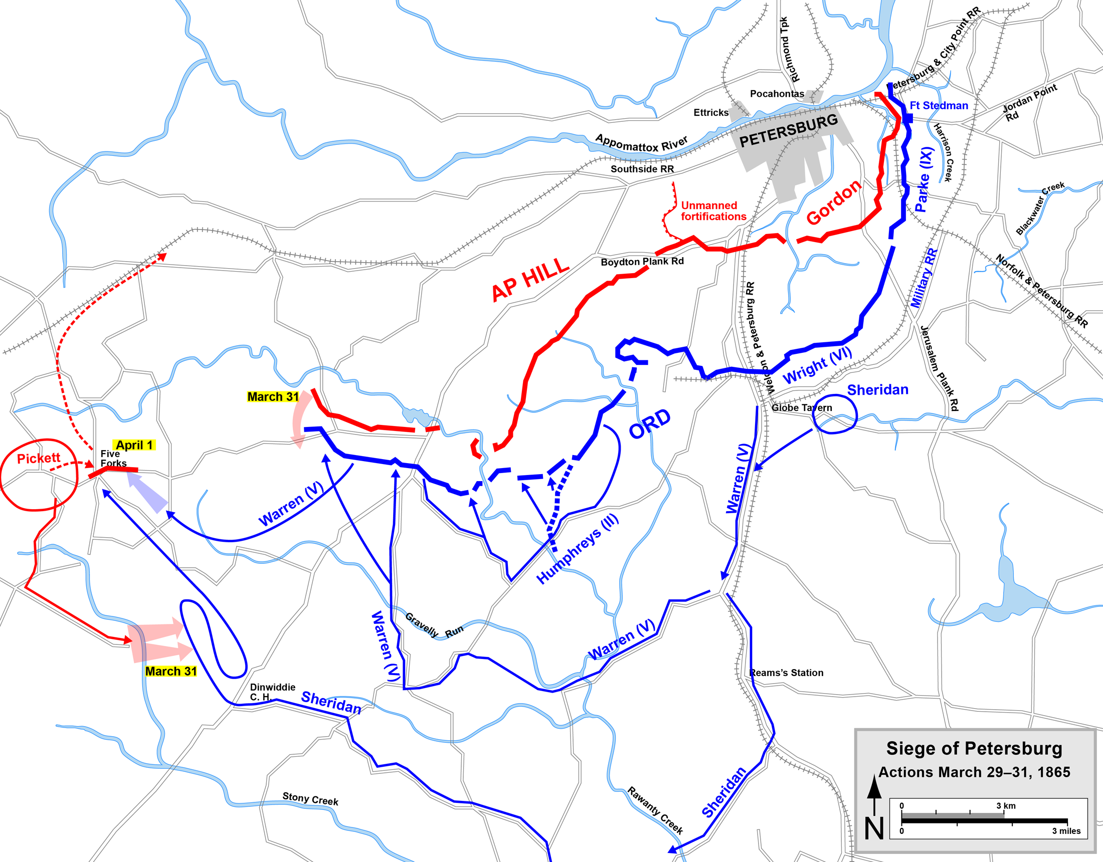 Actions at Petersburg before and during the Battle of Five Forks.