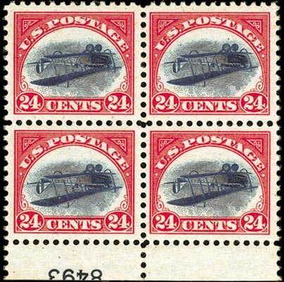 The Inverted Jenny plate block of four (note that the blue plate number is inverted as well). As of June 2015, it was owned by shoe designer and collector Stuart Weitzman.