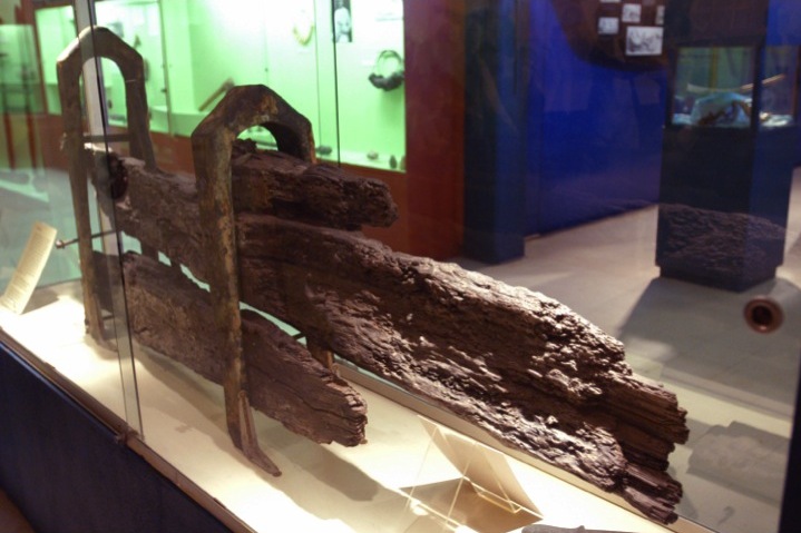 Parts of Bounty's rudder, recovered from Pitcairn Island and preserved in the Fiji Museum, Suva, Fiji. Photo taken on February 10, 2014.