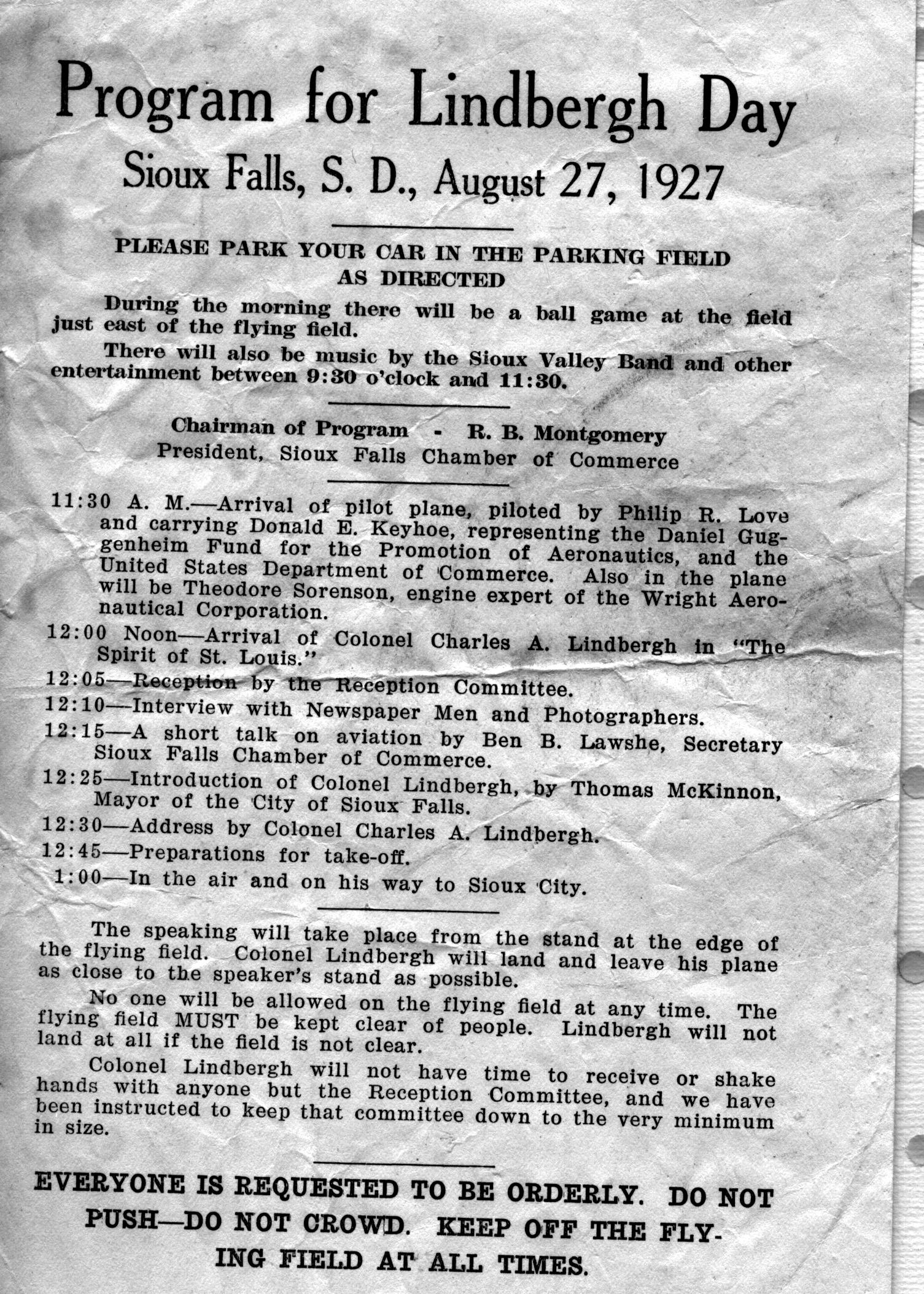 Program for Charles Lindbergh's brief visit to Sioux Falls, South Dakota, on August 27, 1927.