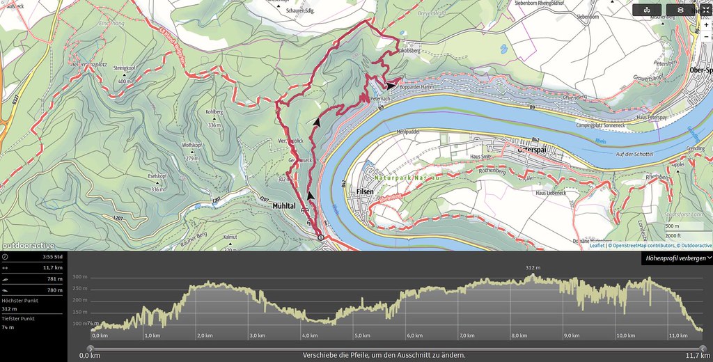Aufzeichnung der erweiterten Tour Mittelrhein-Klettersteig (11,7 km, Quelle: Screenshot Outdooractive)